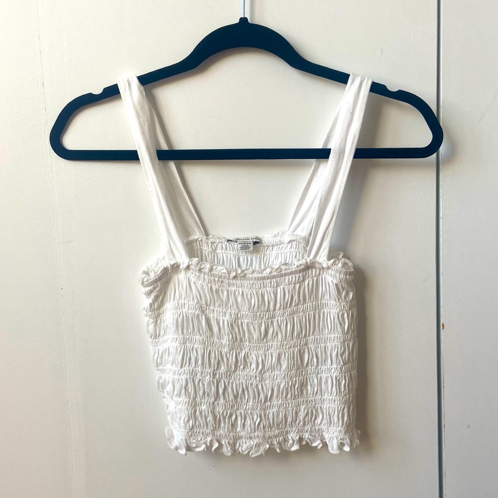 American Eagle cropped smocked white tank